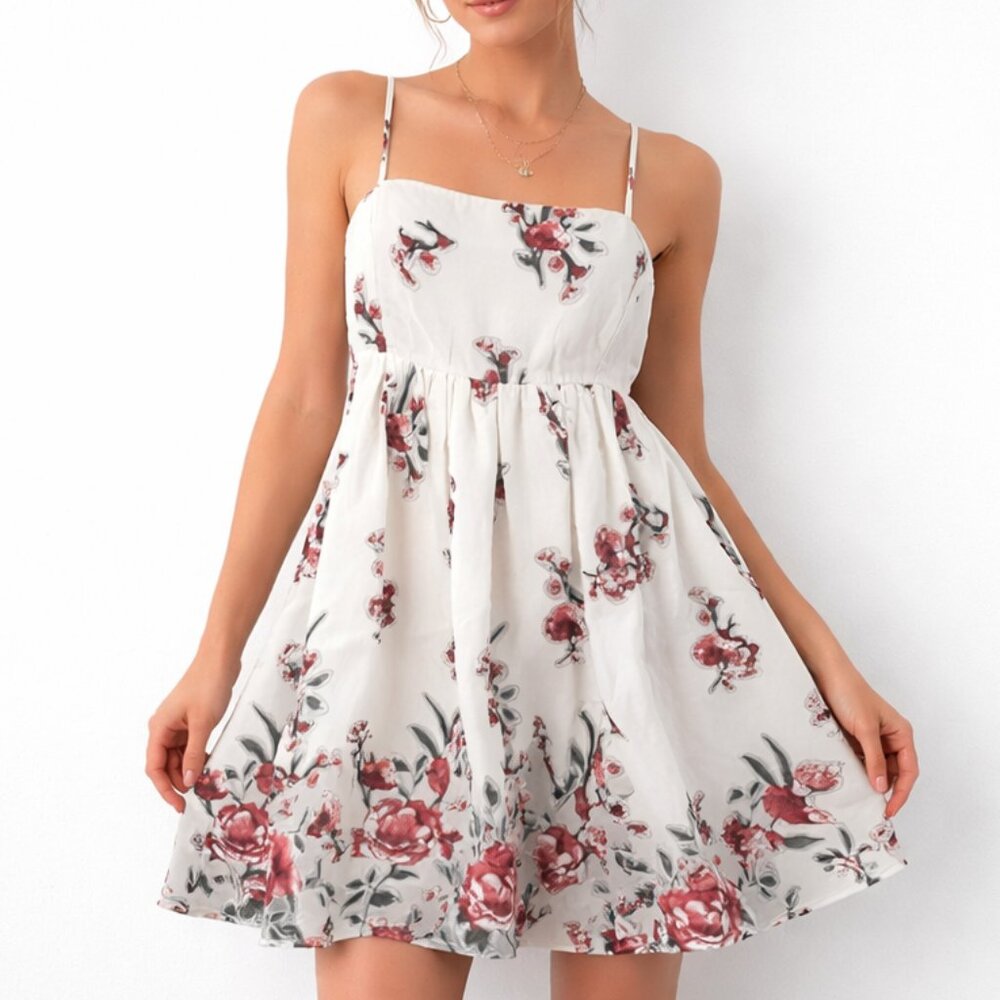 Storia Floral Mini Dress Medium White Red Rose Cottagecore Boho Summer Sundress